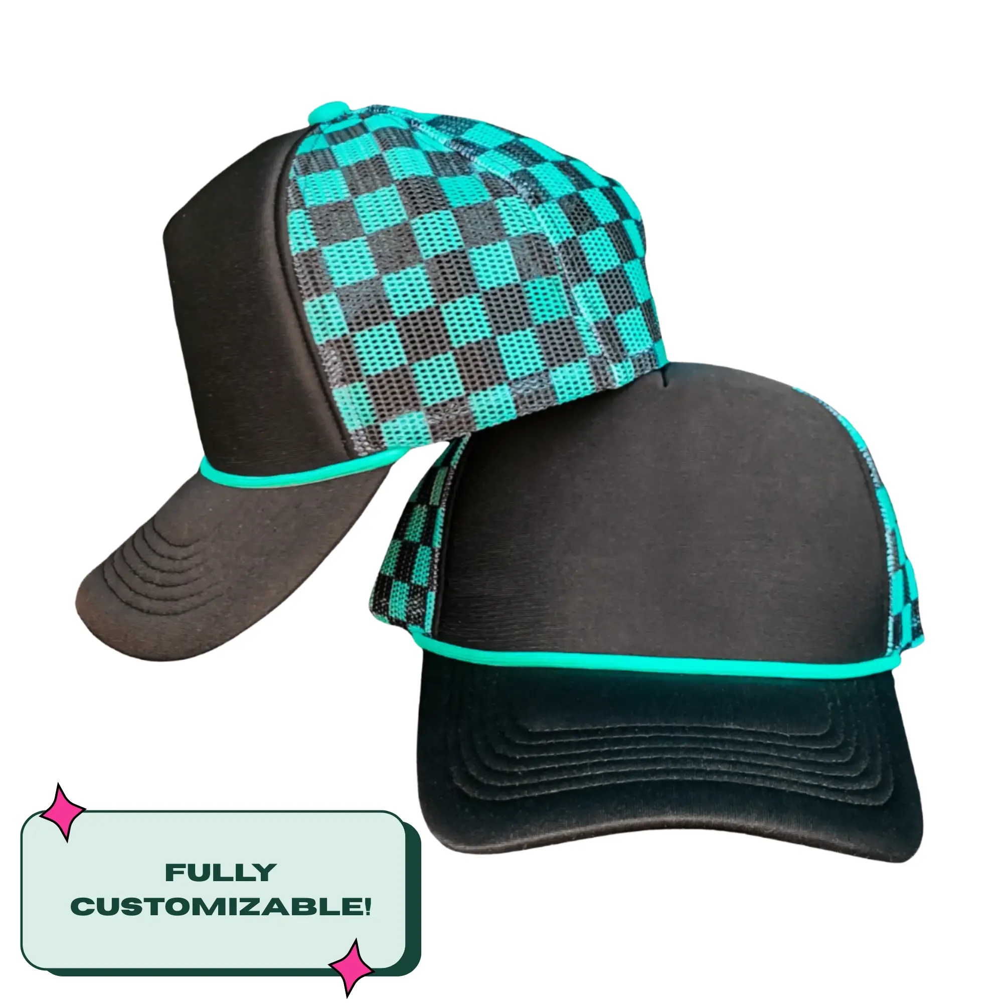Custom Embroidered Turquoise and Black Magnetic Ponytail Trucker Hat