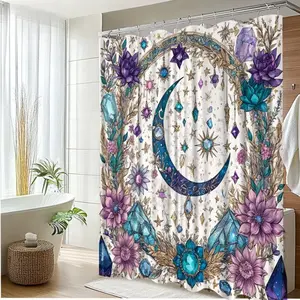 Plane Moon and Flower Shower Curtain Retro Celestial Design Inlaid with Gems and Stars Bathroom Decoration Shower Curtain with  Hooks Ideal for Bohemian Style Homes