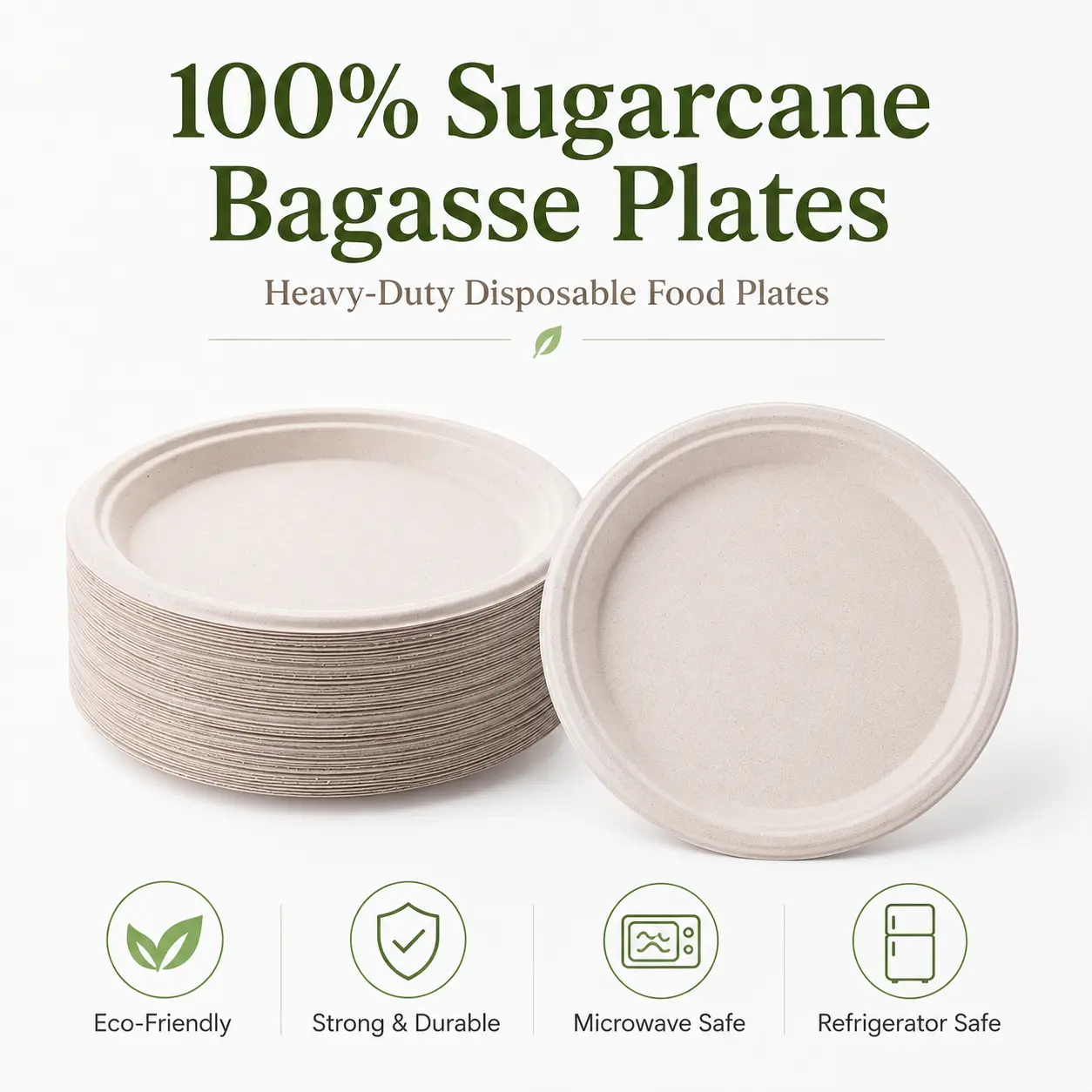 Compostable Disposable Paper Plates; Heavy-Duty Party Plates, 100% Natural Biodegradable Eco-Friendly Sugarcane Fiber Plates [PFAS-Free][BPI Certified]