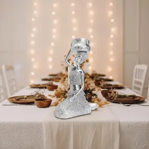 Elegant Silver Beaded Woman Statue - Kneeling Female Art Sculpture for Modern Home Decor, Desktop Ornament & Luxury Gift