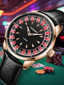 TIMEARTX Luxury Men's Watches High Quality Watches New European Roulette Poker Game Fashion Quartz Movement Leather Strap Casual Wristwatch