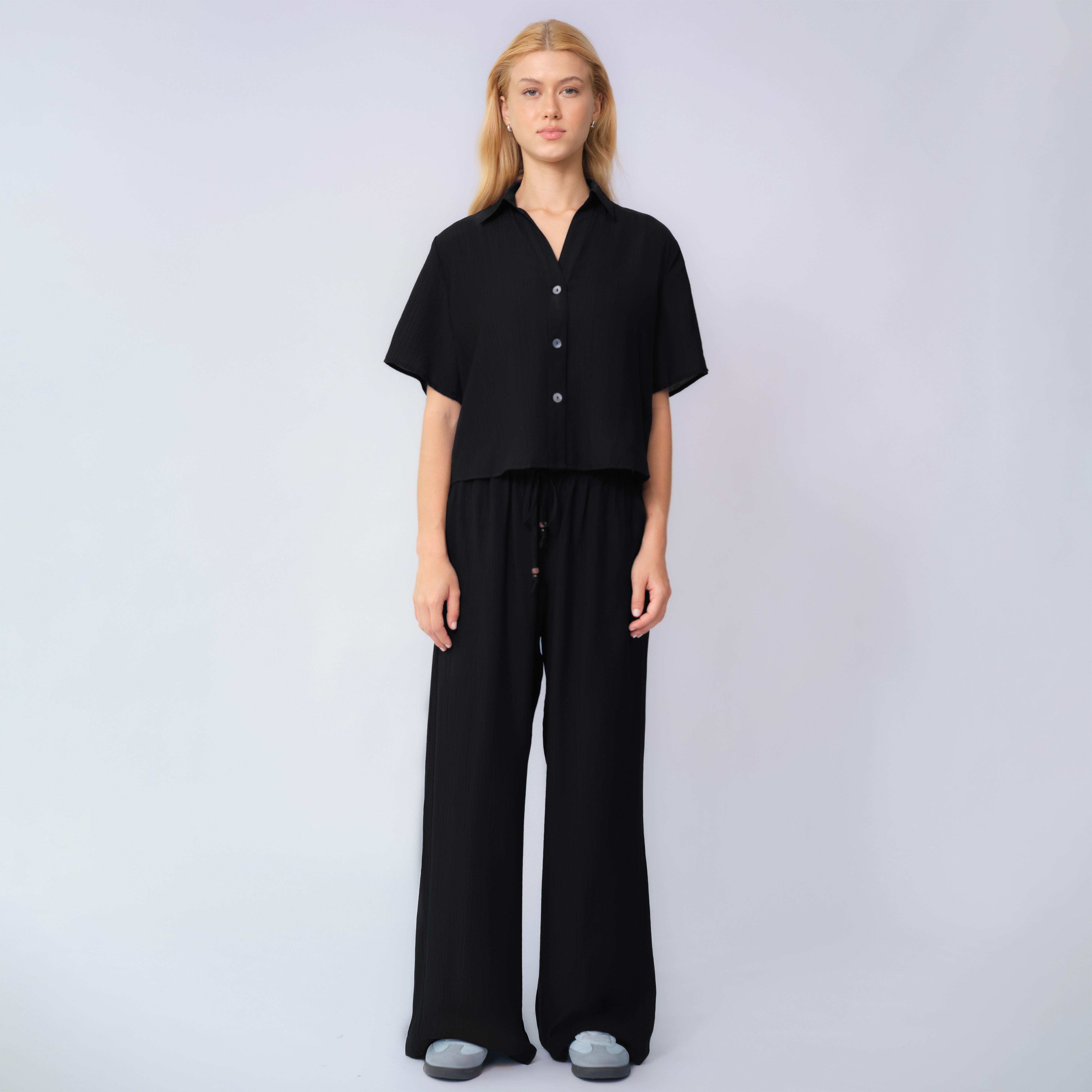 KatchMe Women's Classy Solid Color Collared Shell Button Loose Top & Drawstring Wide Leg Trousers Co-ord, Comfort Set for Lady, Basic Two Piece Outfits KatchMe Women's Classy Solid Color Collared Shell Button Loose Top & Drawstring Wide Leg Trousers Co-ord, Comfort Set for Lady, Basic Two Piece Outfits