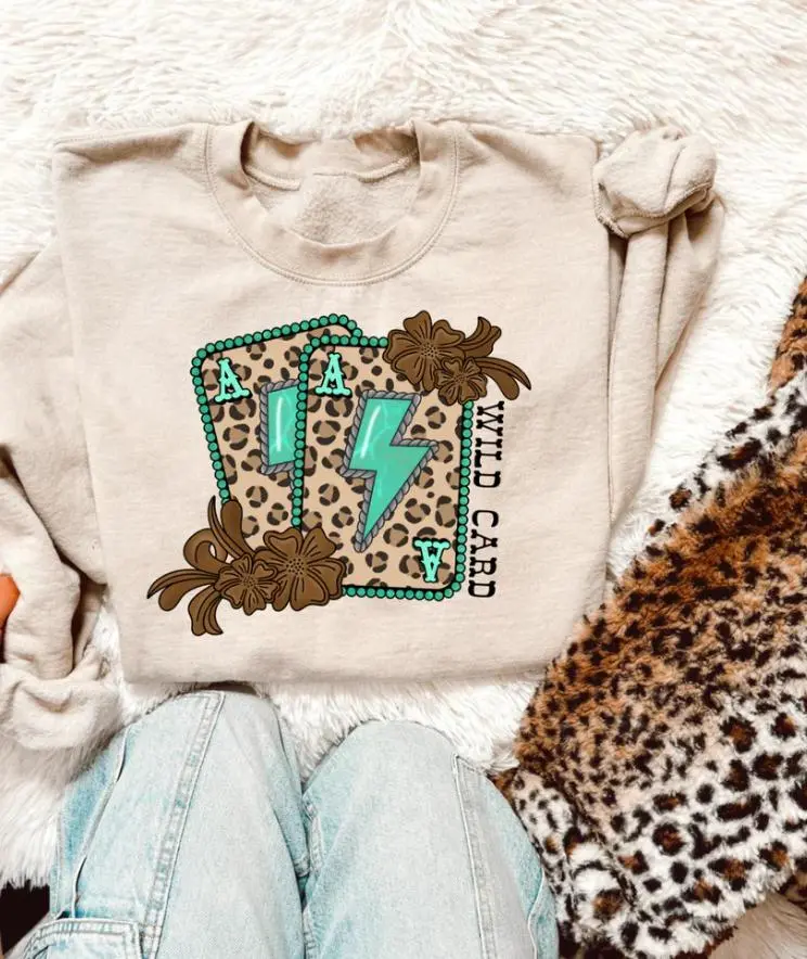 Cheetah wild card sweatshirt, western stuff, country clothing, boutique clothing, western clothes, cowgirl stuff, boutique clothing women CFS