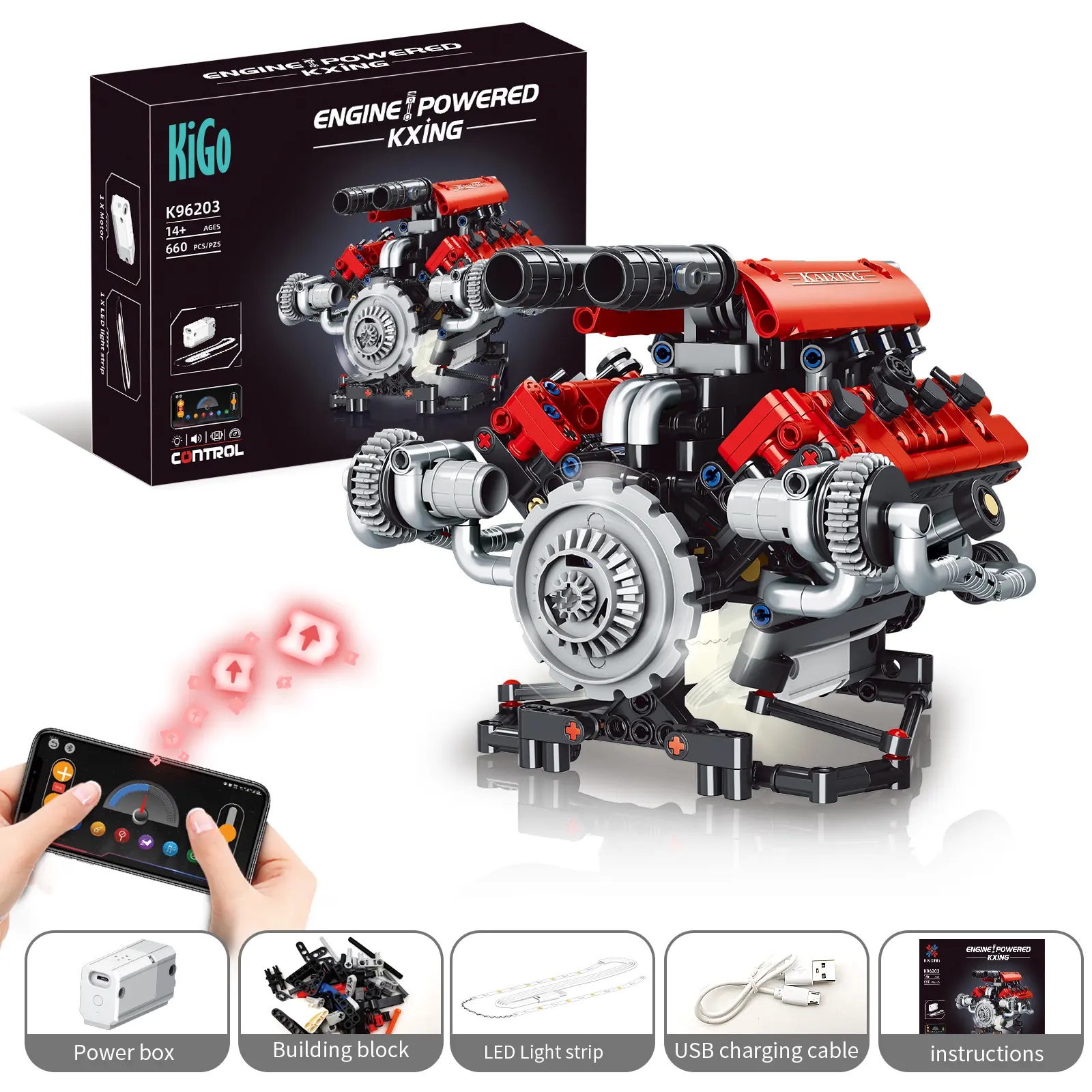 【665 PCS】Ferrari-Style Motorized V8 Engine Model Building Kit, with APP Control & LED Lights