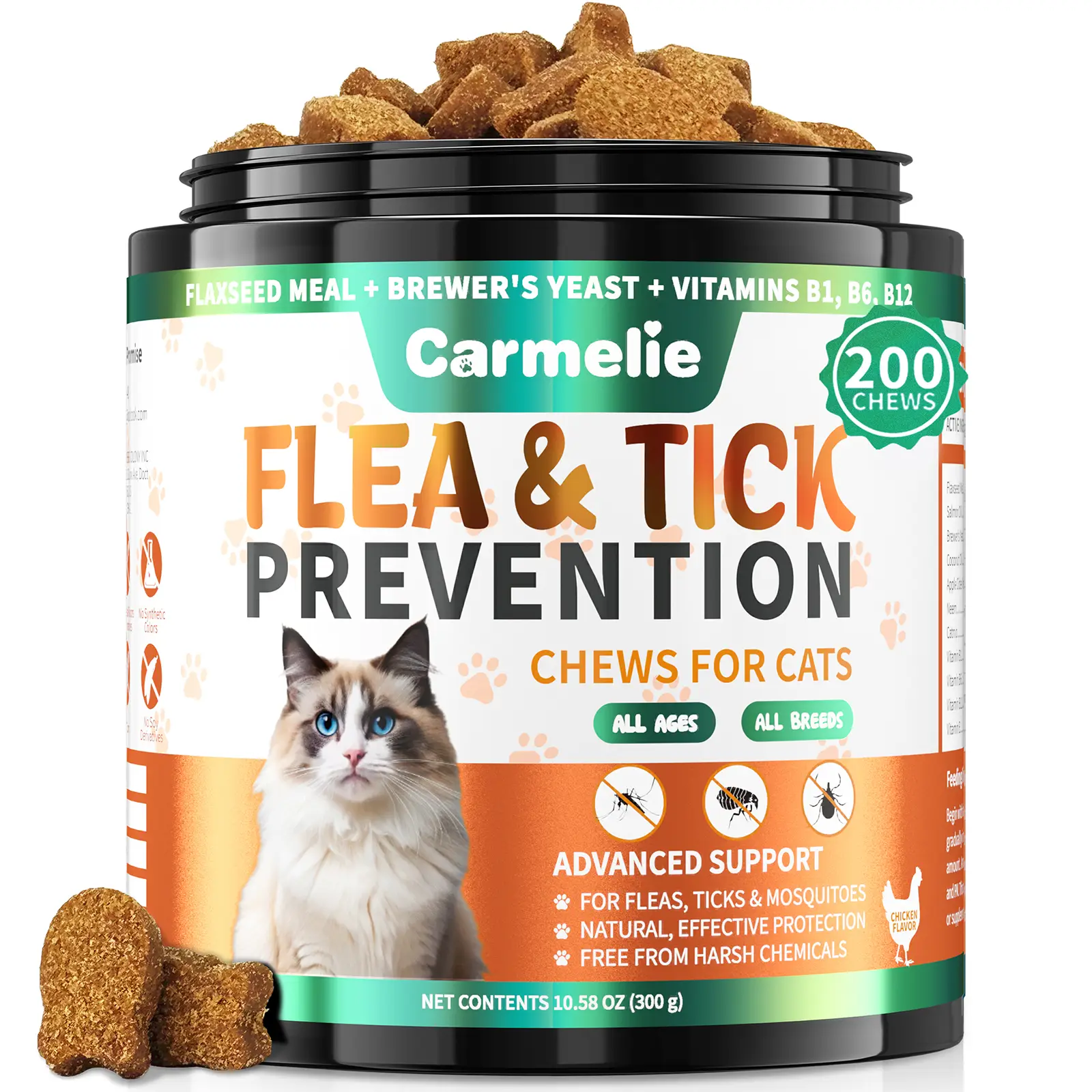 Carmelie Flea & Tick Support Treats for Cats – 200 Soft Chicken-Flavored Bites, Natural Pet Treats & Cat Snacks for Daily Use