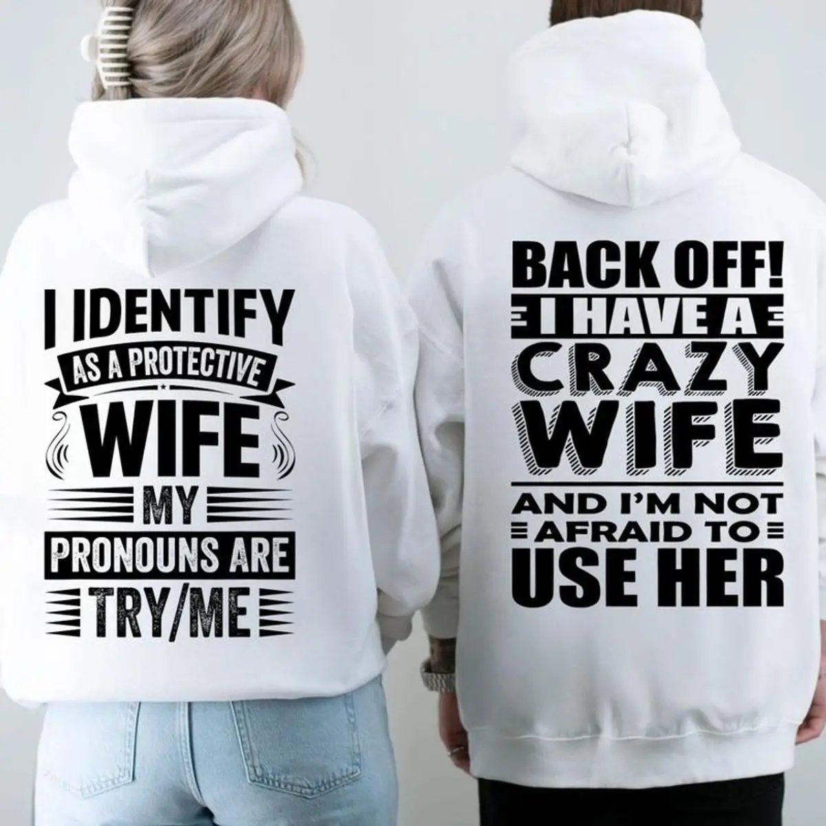 Funny Matching Couple Hoodies For Husband And Wife, Back Off & Try Me Design Shirt, Matching Couple Hoodie, Unisex Long Sleeve Pullover Shirt