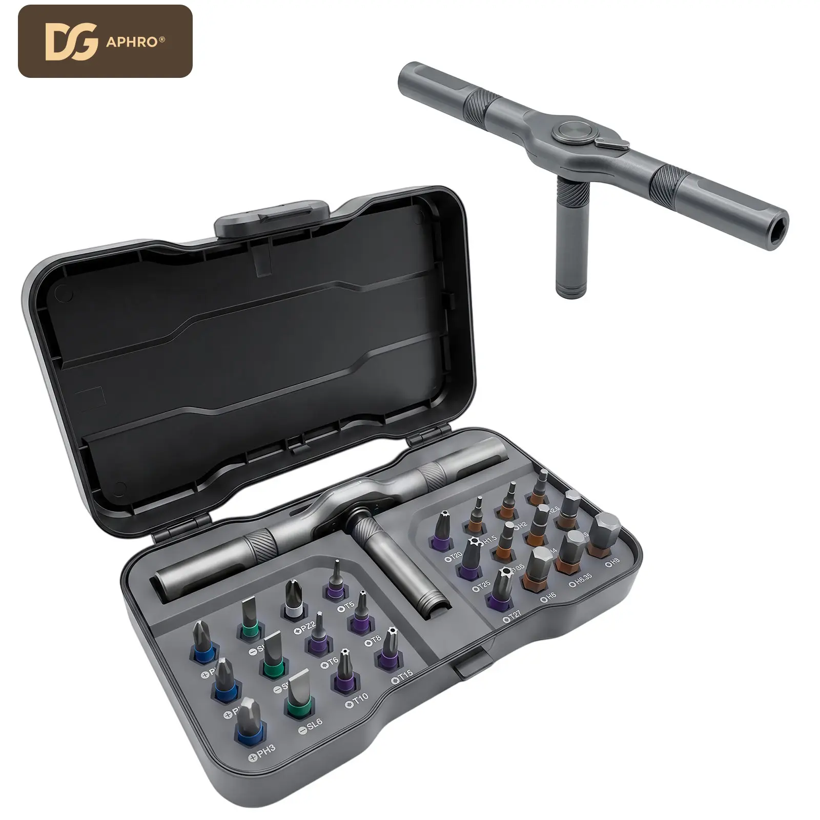 DGAPHRO Magnetic Ratchet 24-in-1 Screwdriver Set - Premium CNC Aluminum Modular T-Handle Tool Kit, Heavy Duty S2 Steel Precision Bits for PC, Electronics, Bike & Furniture Repair.
