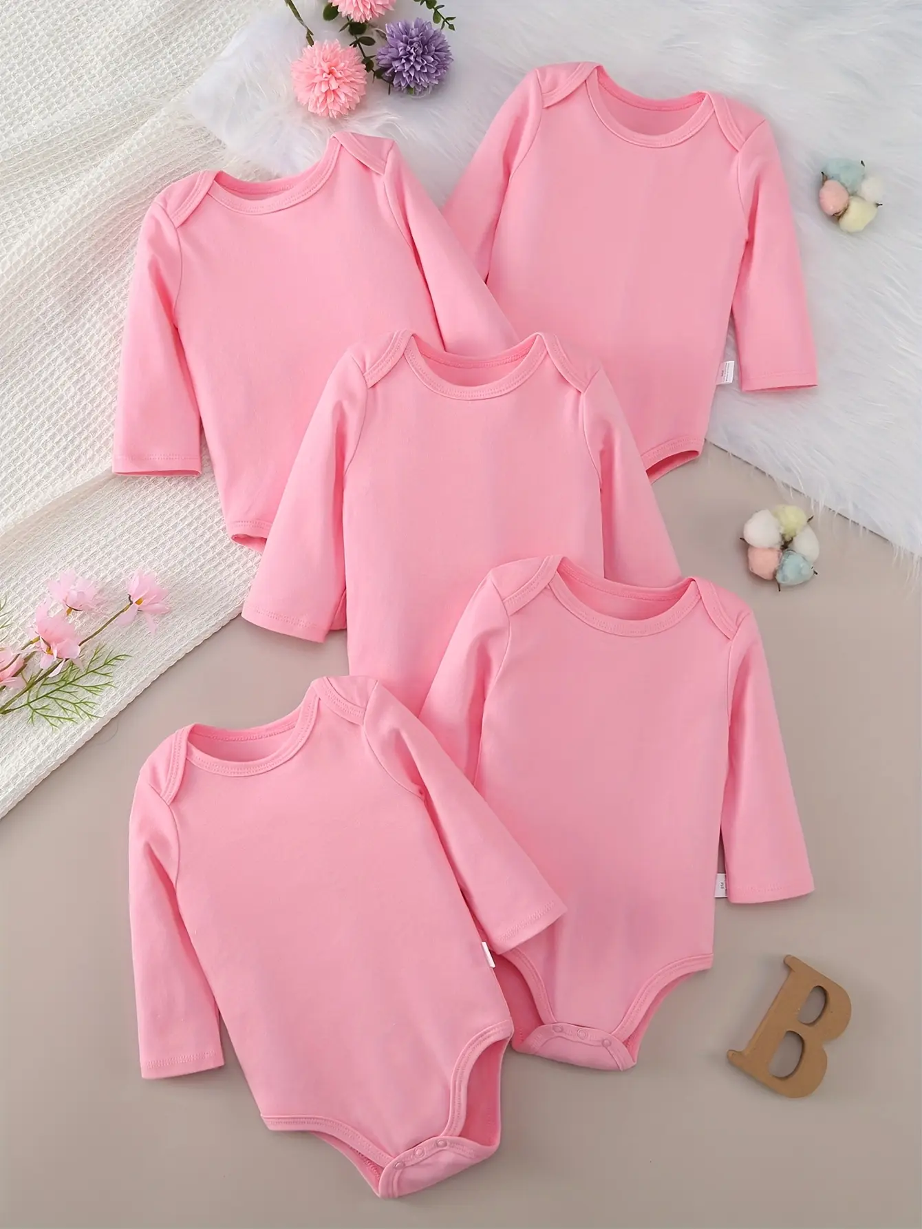 5-piece baby long-sleeved triangular jumpsuit, pink for boys and girls, cotton plain jumpsuit, newborn clothing