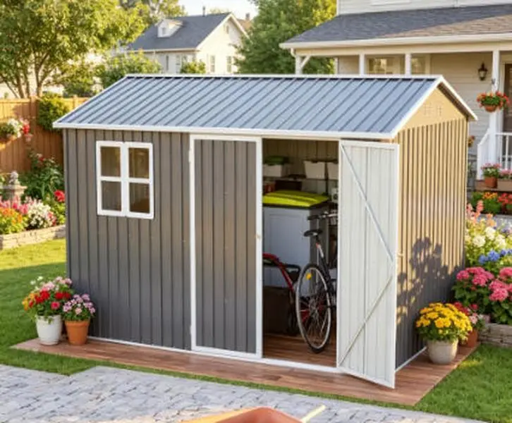 Heavy Duty Steel Outdoor Storage Shed with Window, Lockable Doors, Sloped Roof – Garden, Backyard Tool Shed