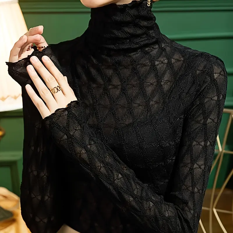 Autumn Winter Women's High Neck Solid Color Long Sleeve Slim Fit Sheer Mesh Knit Top, Casual Fashionable Ladies Clothing for Daily Wear Knitwear Womenswear