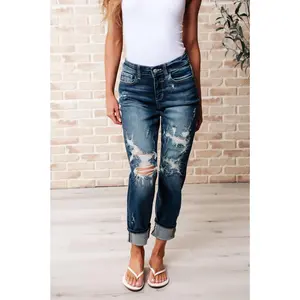 Judy Blue Mid Rise Cuffed Destroyed Boyfriend Jeans 82427 Stretchy Cotton Comfortable Denim Womenswear Bottom Streetwear Relaxed Fit Trendy Bottom