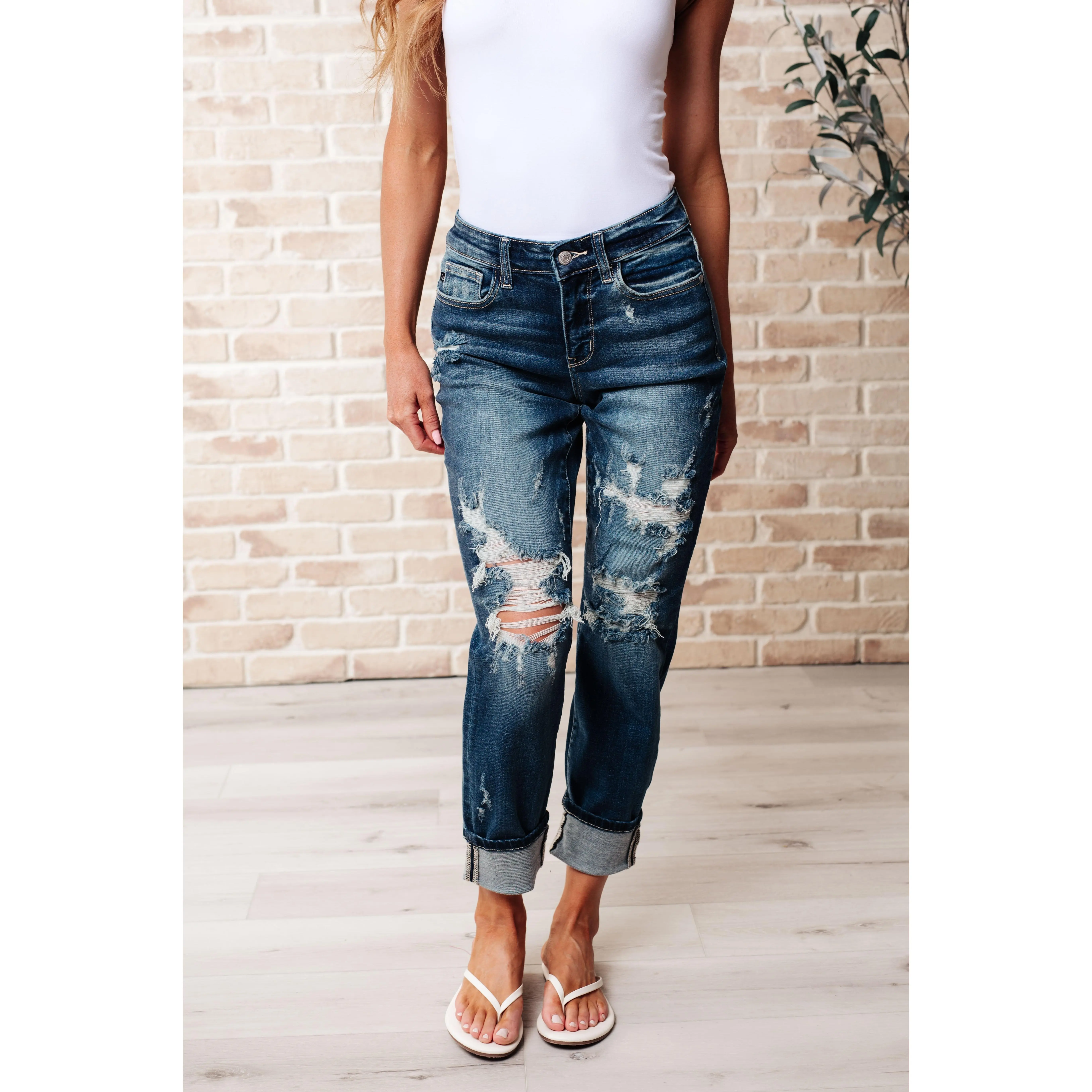 Judy Blue Mid Rise Cuffed Destroyed Boyfriend Jeans 82427 Stretchy Cotton Comfortable Denim Womenswear Bottom Streetwear Relaxed Fit Trendy Bottom