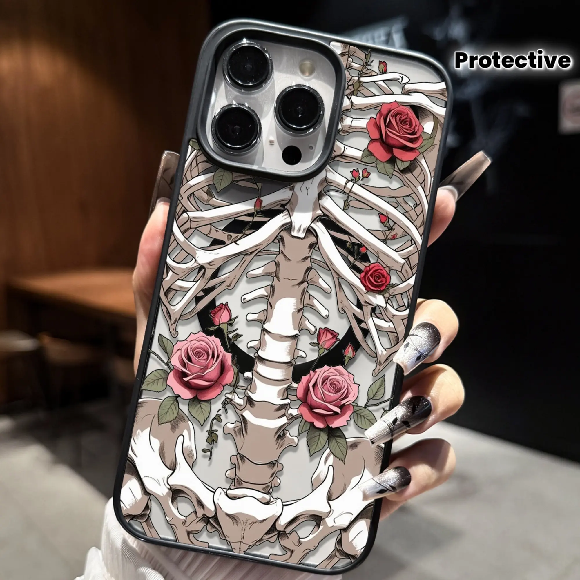 MagSafe Clear Phone Case Gothic Human Ribcage Skeleton Vintage Red Pink Rose Leaf Pattern Anti-Fingerprint Soft Edge Anti-Drop Protective Cover For iPhone 17 16 15 14 13 12 11 XS XS Max 17Air Pro Plus Pro Max Samsung S26 S25 S24 S23 S22 S21 FE Ultra Plus
