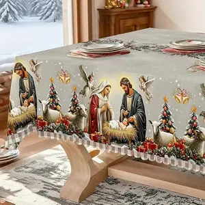 Christmas Tablecloth Grey Decoration Angel Christmas Tree & Nativity Patterns Vintage Traditional Style for Restaurant Party Family Dining Festival Outdoor