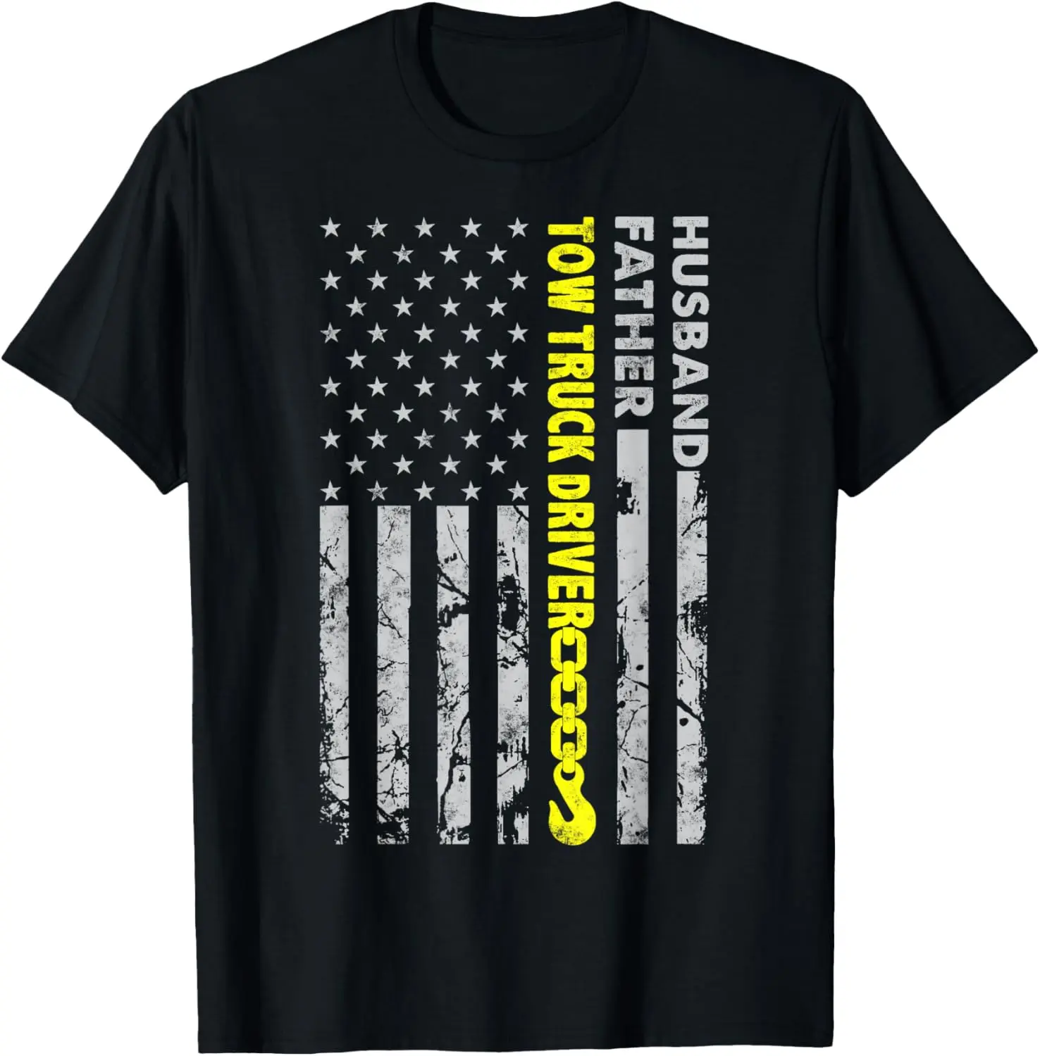Vintage Distressed Cotton T-Shirt for Men with Tow Truck American Flag Graphic, Casual Short Sleeve Streetwear Clothes