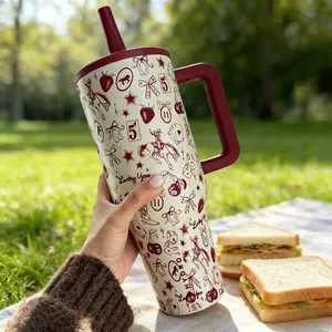 Hydrojug 40oz Western Retro Doodle Insulated Tumbler -Large Capacity for Commute & Office Desk daily life WaterBottle cups easy drinking girl holiday use
