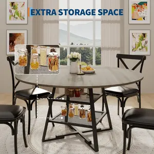 Dining Room Round Table Set for 4-6, Circle Kitchen Dining Table with Metal Base, 47 Inch Wooden Round DiningTable, Wood Kitchen Tables with Storage Shelf
