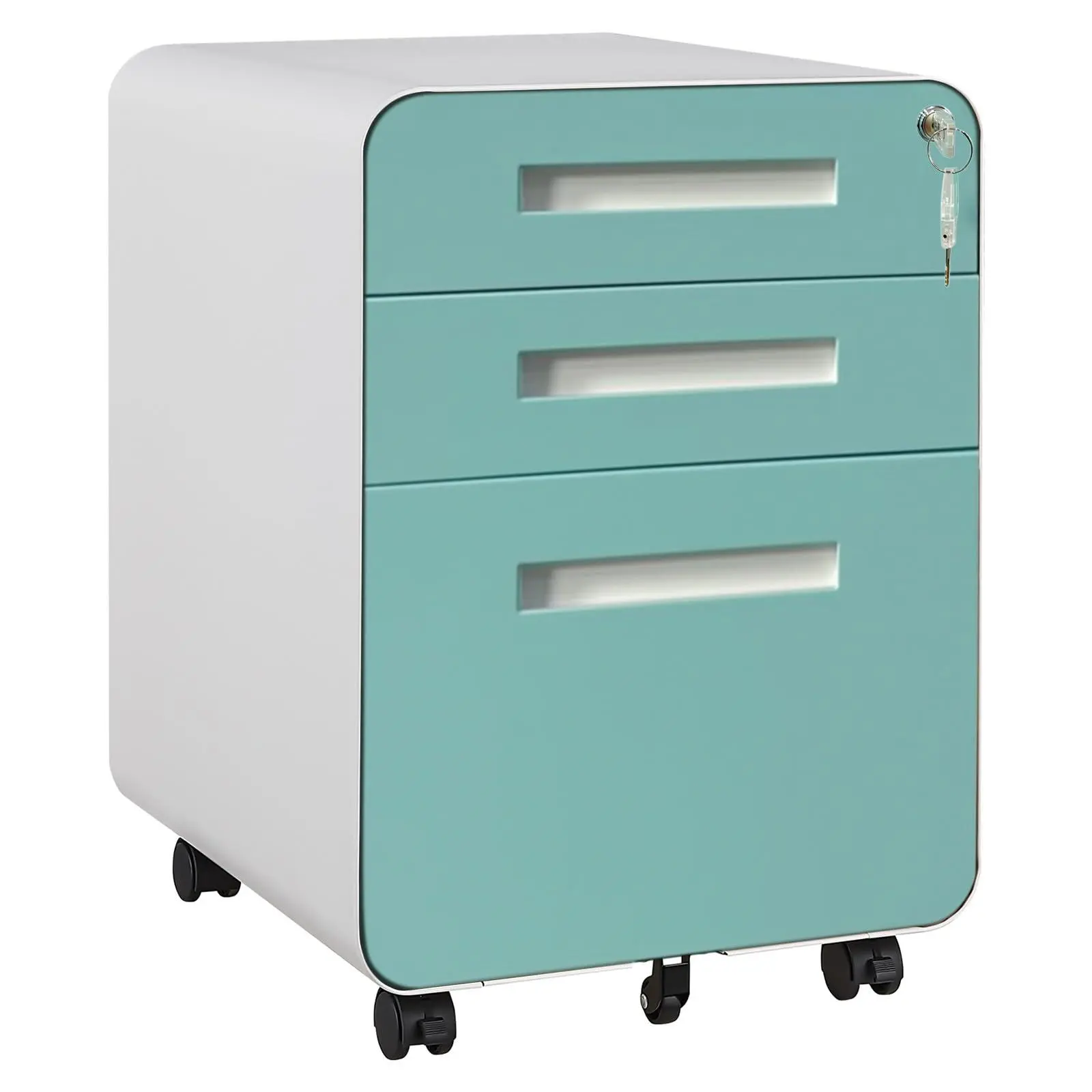 3 Drawer File Cabinet with Lock, Under Desk Metal Mobile Filing Cabinet for Home Office, 5 Wheels Anti-Tipping Rolling File Cabinets for A4/Letter/Legal Size, Fully Assembled, Blue