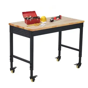 【GARVEE】60" x 22" Adjustable Workbench 2000 Lbs Capacity, Rubber Wood Table Heavy Duty Workstation with Hardwood Top, Power Outlets, Metal Frame, Swivel Casters, Garage Table for Workshop Office Home