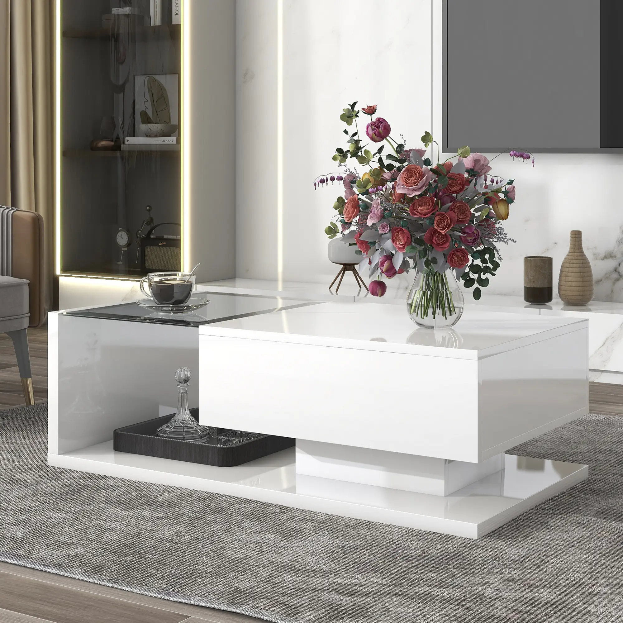 Coffee Table with Tempered Glass, Wooden Cocktail Table with High-gloss UV Surface, Modernist 2-Tier Rectangle Center Table for Living Room, White Glass Top Table