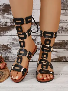 Fashion Metal Accent Hollow Out Long Sandals, Unique Geometric Buckle Laces, Comfortable Flat Sole, Summer Trendy Shoes, Fashionable Sandals