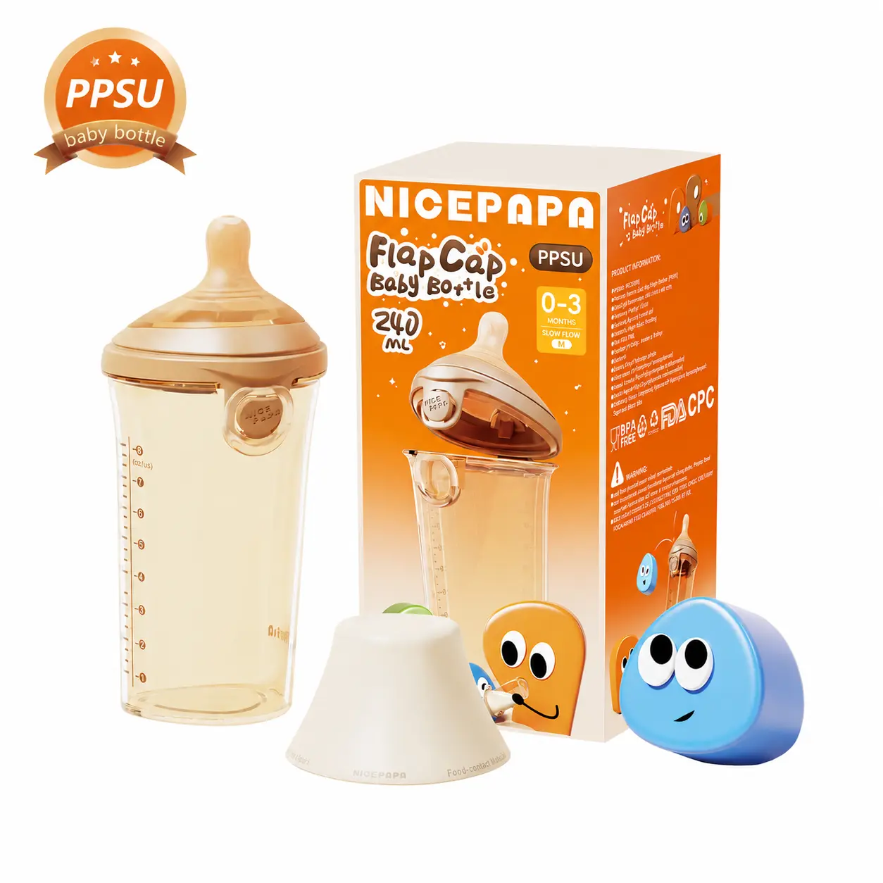 NICE PAPA Breastfeeding Bottle, 8 oz/240 ml PPSU Natural Flow Anti-Colic Baby Bottle with AirFree Vent, Multi-Level Slow Flow Nipple for 0+ Months Newborn Unisex Use, Feeding, Anti-Choking