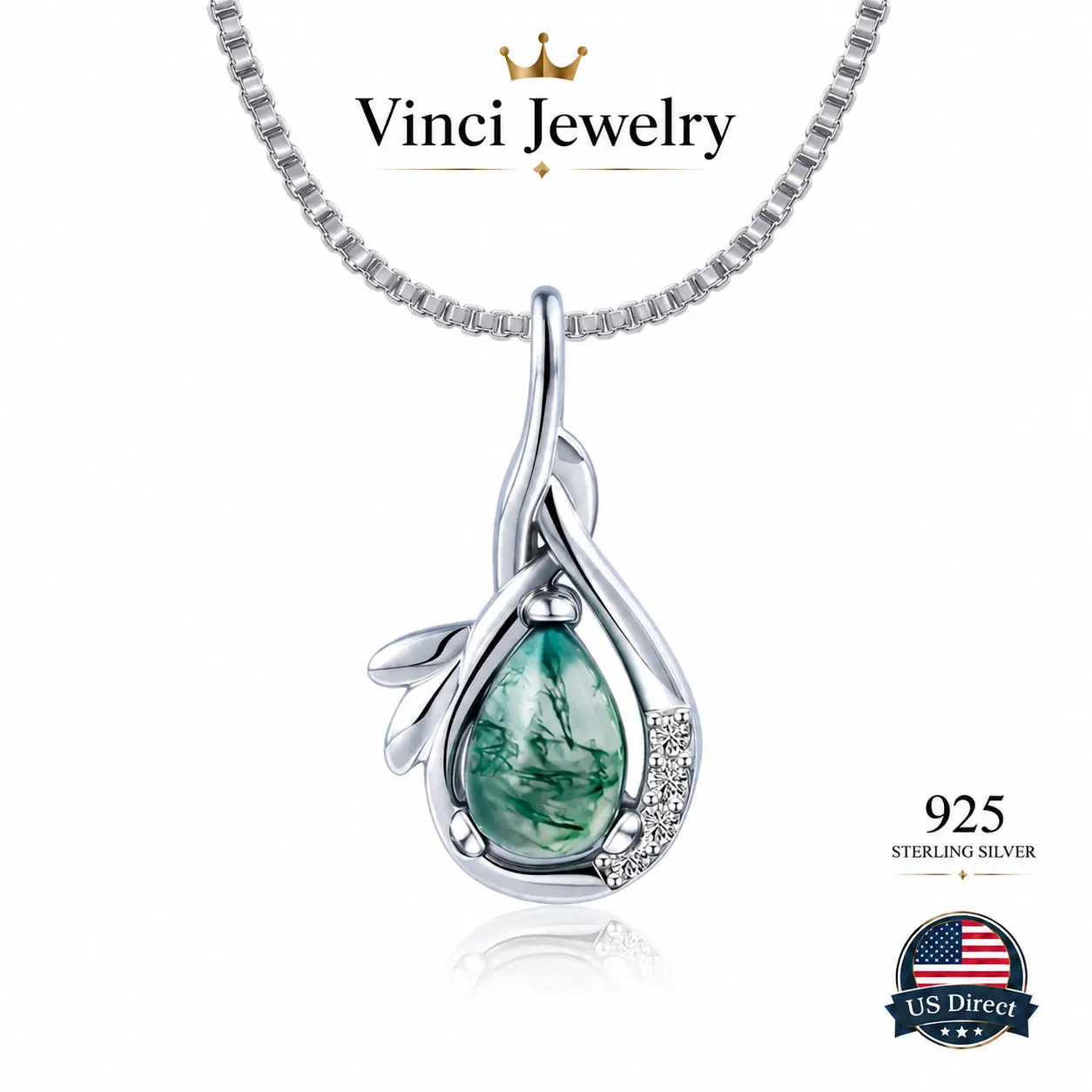 925 sterling silver Natural Green Moss Agate Pendant Necklace for Women Elegant Teardrop Crystal Jewelry Vintage Nature Inspired Necklace Minimalist Everyday Jewelry Gift for Wife Girlfriend Mom Daughter Perfect for Daily Wear Wedding Party Anniversary