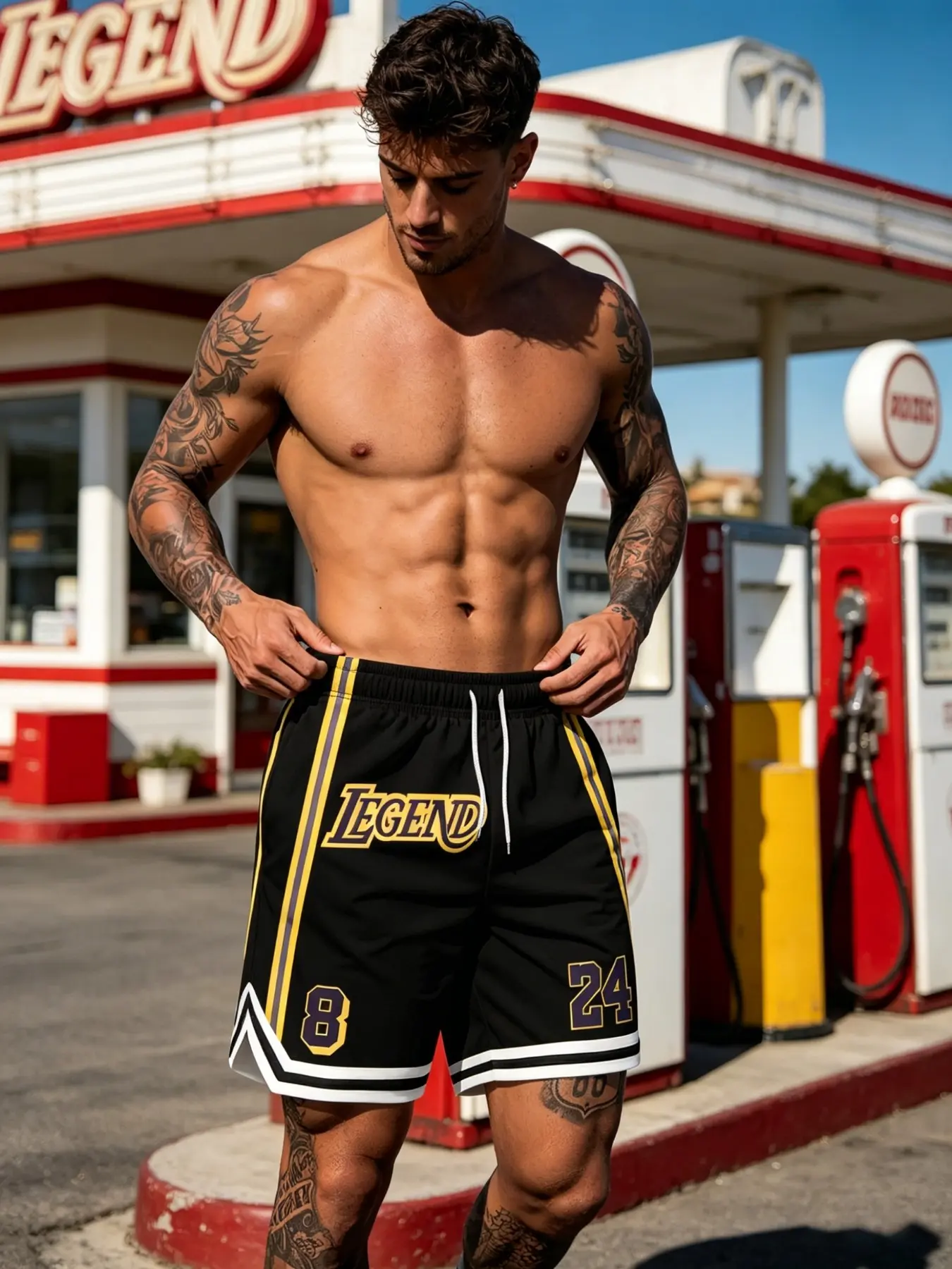Men's Legend 8-24 Lakers Basketball Shorts, Athletic Casual Shorts, Vintage Gold Street Style, Loose-Fit Geometric Pattern, Casual Fitness Five-Pocket Pants