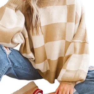 Women's Khaki Checkered Sweater for Fall - Womenswear, Shirts Comfort Long Sleeve Blouses Tops