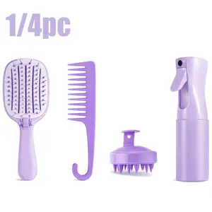 1/4pc Self Cleaning Foldable Hair Brush Set for Women & Men, Curved Vent Detangling Brush with Wide Tooth Comb, Scalp Massager and Mist Spray Bottle, Breathable Comb Teeth for Wet Dry Curly Straight Thick Thin Hair, Travel Styling Tools