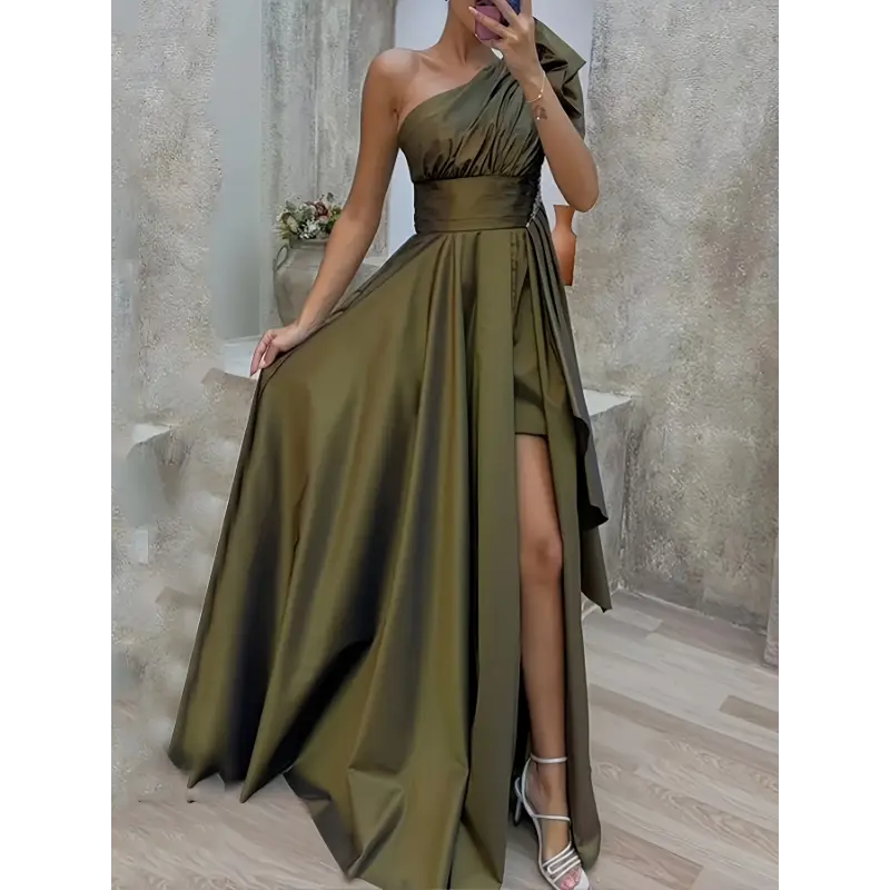 Women's Elegant 1-Shoulder Peplum Formal Gown with Side Split, Chic Solid Stretch Polyester Evening Dress for Weddings & Galas, Clothes, Formal Wear, Plain, Micro Elastic, Machine Wash, Do Not Dry Clean, Wedding Guest Outfit, Formal Wedding