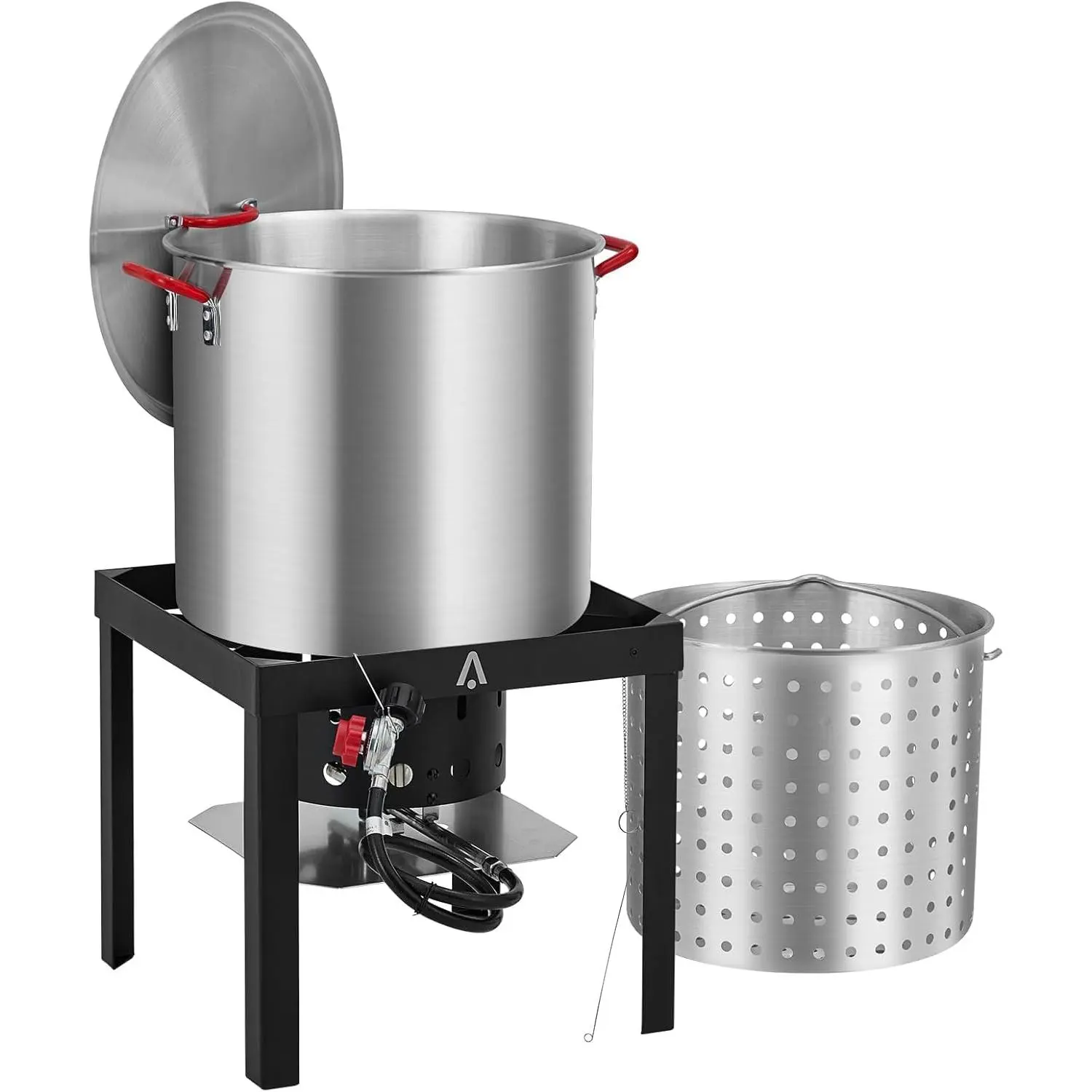 60-Quart Aluminum Seafood Boil Pot Kit with Steam/Boil Basket & Strainer, 110,000 BTU Propane Jet Burner & Lifting Hook, 10 PSI Regulator, Outdoor Crawfish, Shrimp, Crab Boiler and Fryer Combo