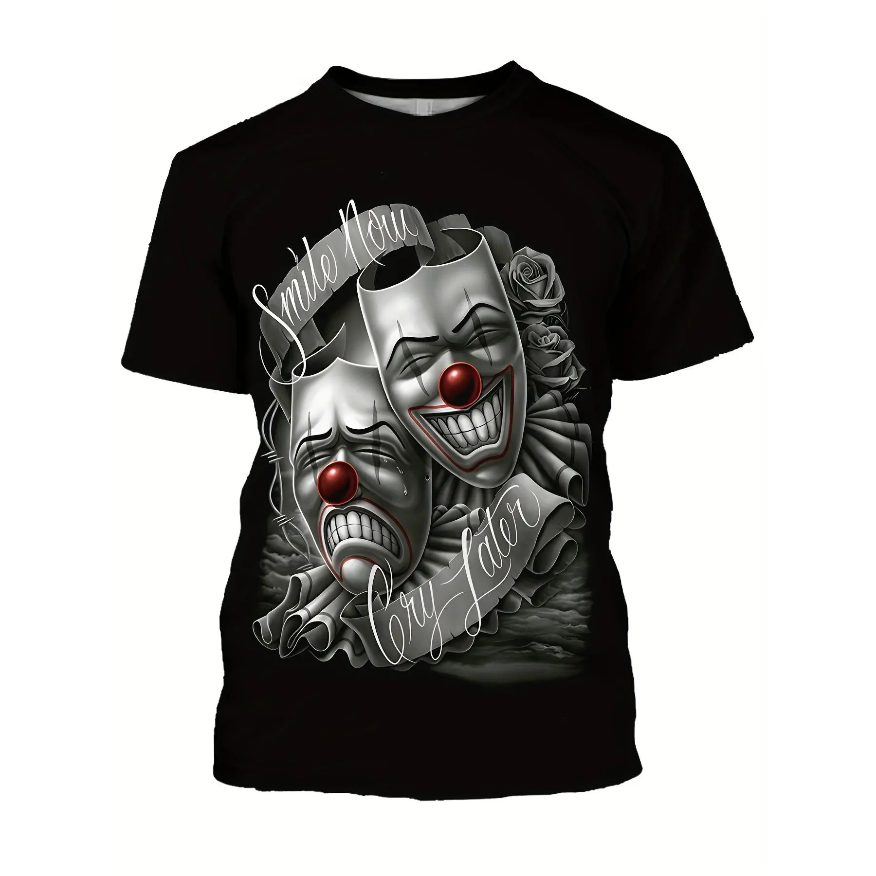 Men's 2D Clown Mask Print Streetwear T-Shirt - Casual Black Short-Sleeve Menswear Top, Breathable Polyester, Machine Washable