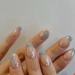 Blue Bow French Tip Press On Nails – Glossy Nude Square Reusable Fake Nails