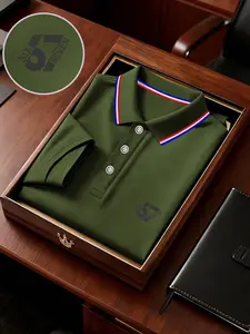 Men's Geometric Print Polo Shirt, Loose-Fit Short Sleeve, Breathable Elastic Fabric, Casual Business Tee, Spring Summer Outdoor Wear