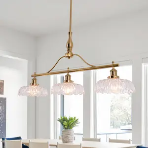 3-light matte brass modern chandelier, adjustable hanging height, kitchen glass pendant lights for island, dining room, living room
