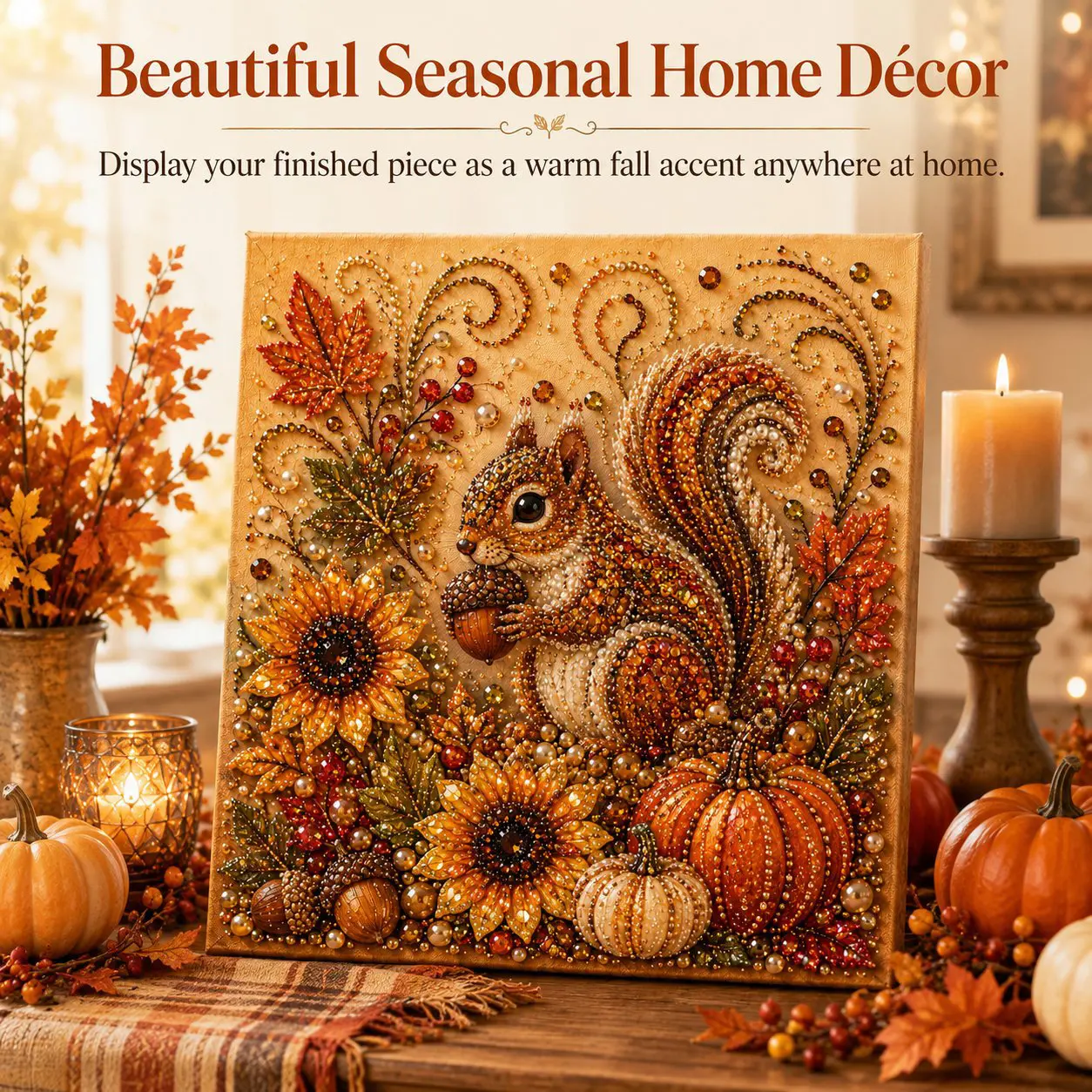 Fall Harvest Diamond Painting Kit with Frame, Squirrel & Fox Diamond Art for Adults, DIY Autumn Craft, Fall Home Decor, 20x20cm