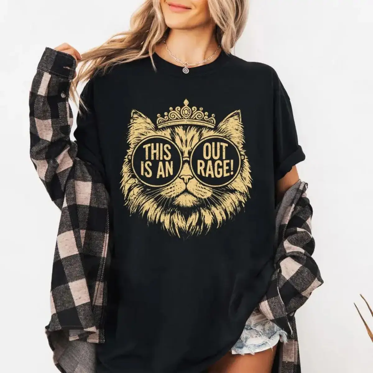 Women's Boxy Fit Vintage Embroidered Graphic Tee - Minimalist Sarcastic Princess Donut Design, Dungeon Crawler Carl "This is an OUTRAGE" "Goddammit Donut Gold" Print, for Salon, Cheer