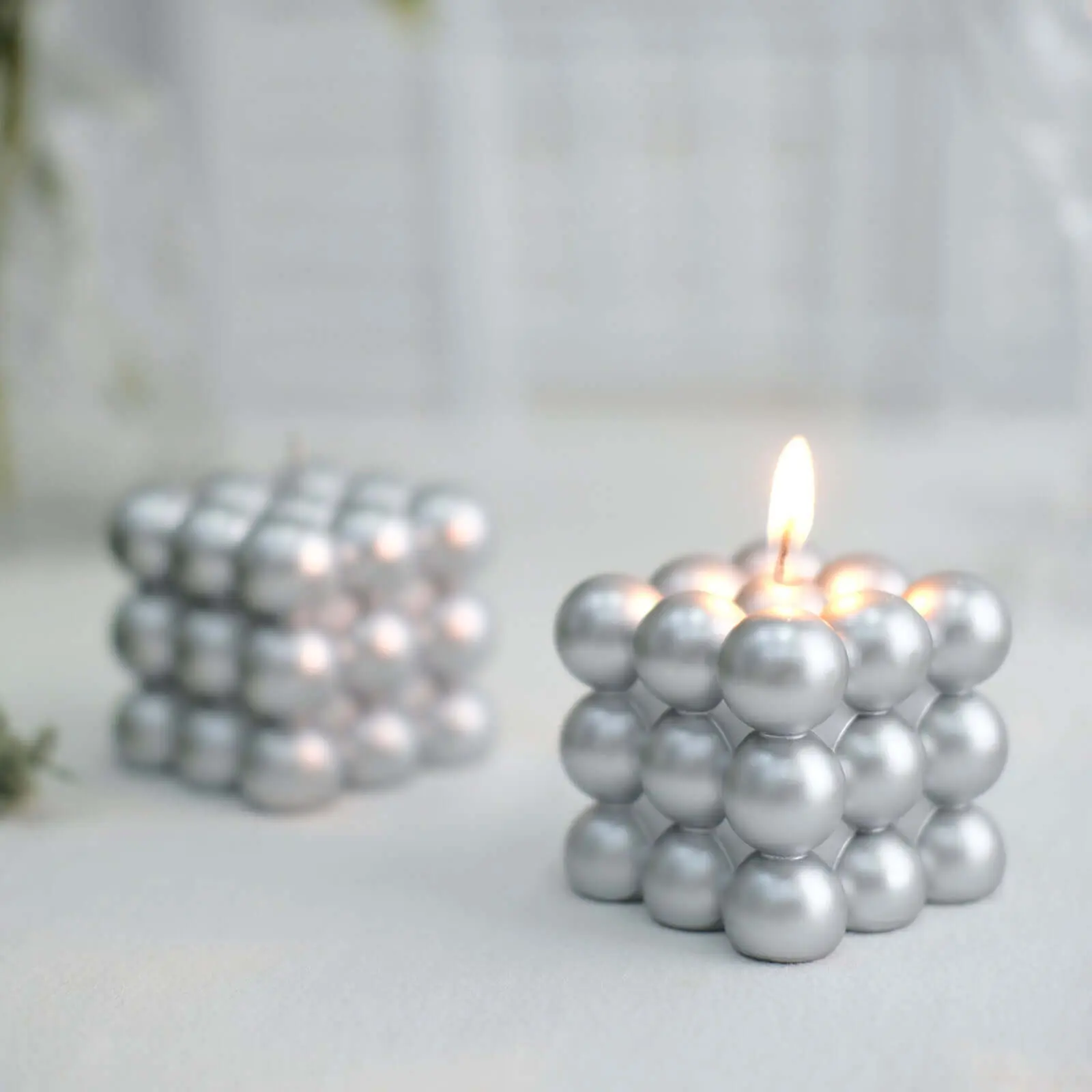 Metallic Silver 2-Piece Decorative Pillar Candles Set, 2 inches Bubble Cube Unscented Long-Burning Paraffin Wax Household Candles for Churches, Home Decor Supplies