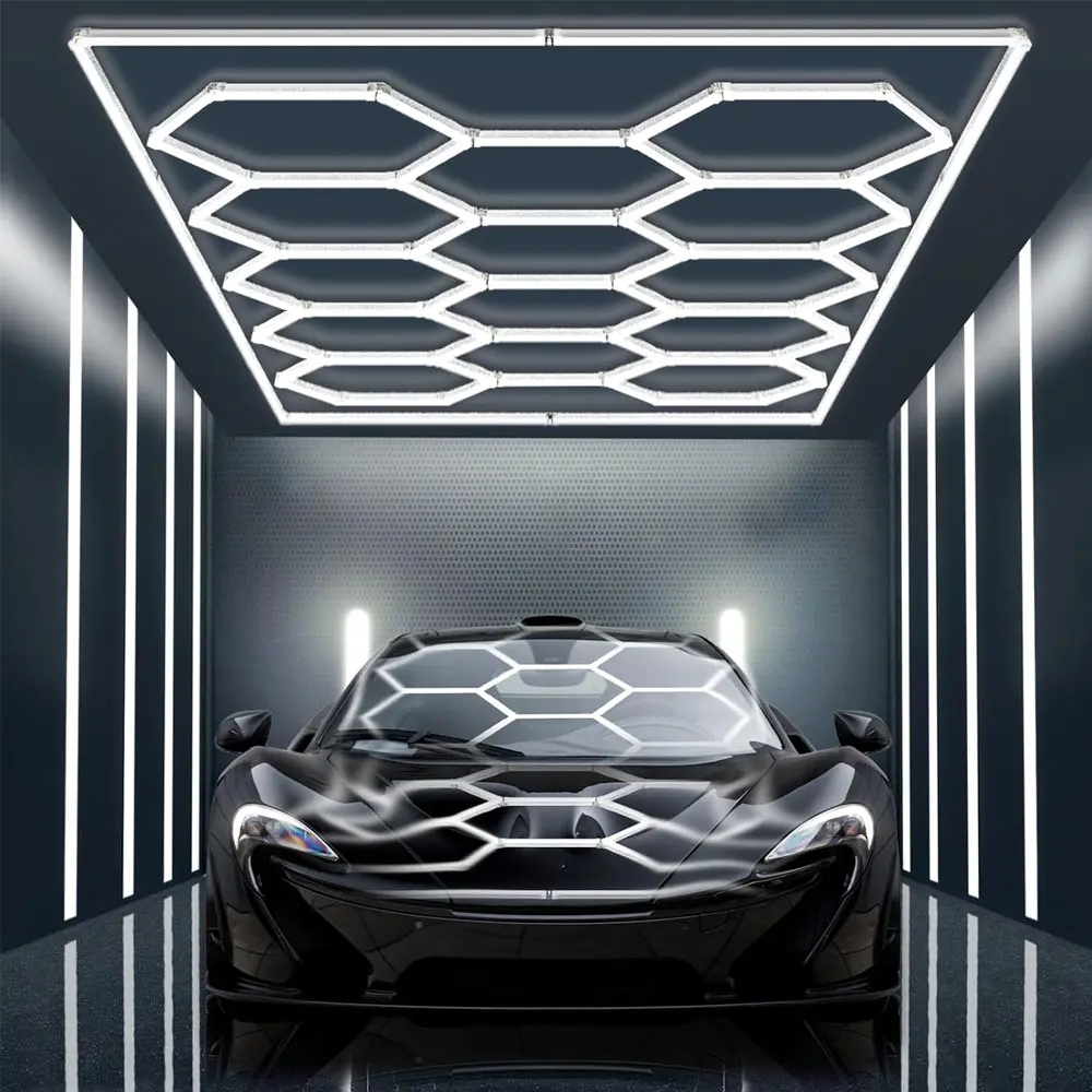 720W Hexagon LED Garage Ceiling Grid Light System, Ultra Bright Hexagonal Lighting Kit with PC Insulation Material, Cable Ties & Screws for Car Detailing Shop, Workshop 6500K White