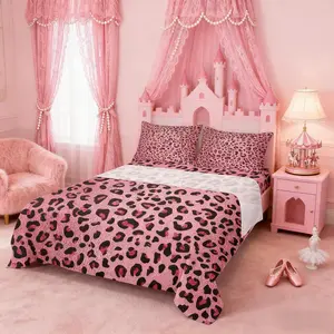 Feelyou Pink Leopard Print Bedding Set - Multi-Size Bed Set with Breathable Fabric, Deep-Pocket Fitted Sheet, Flat Sheet, Cheetah Animal Skin Texture, Romantic Design for Girls