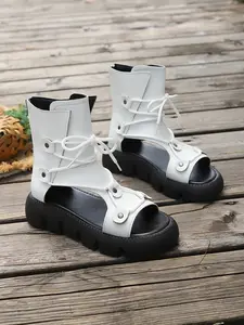 Nude Lace-Up High-Top Thick Sole Roman Sandals, Stylish Summer Footwear for Women, Comfortable and Trendy Design, Fashionable Heeled Sandals