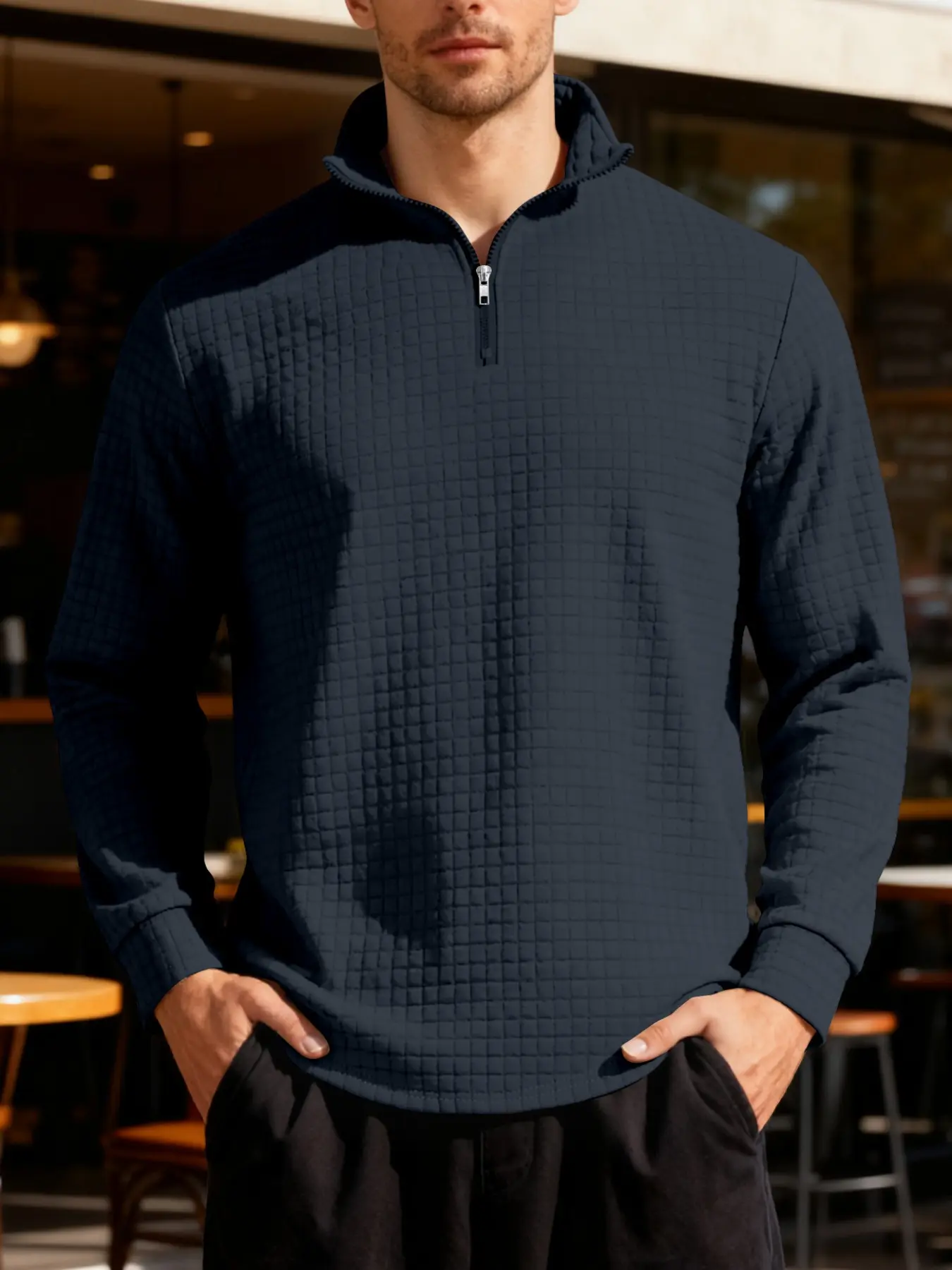New men's solid color Plain waffle long sleeve knitted pullover hoodie, Knitwear, Thermal, half zipper stand collar design, autumn and winter wear, warm comfortable fabric, suitable for home and outdoor sports, fashion, simple casual men's clothing