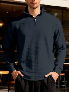 New men's solid color waffle long sleeve knitted pullover hoodie, half zipper stand collar design, autumn and winter, Thermal wear, fabric warm and comfortable, suitable for home leisure and outdoor sports