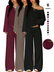2026Women's Two-Piece Set, Long Sleeve Casual, Breathable Elastic Waist Pants, All-Season Basic Sleepwear, Comfortable Loungewear
