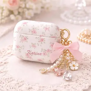 Loveshack Fancy Floral Rose Pink Airpods Case, Coquette Vibes Cover For Airpods Gen 1 2 3 4, Personalized Initials Name Covers, No Keychain