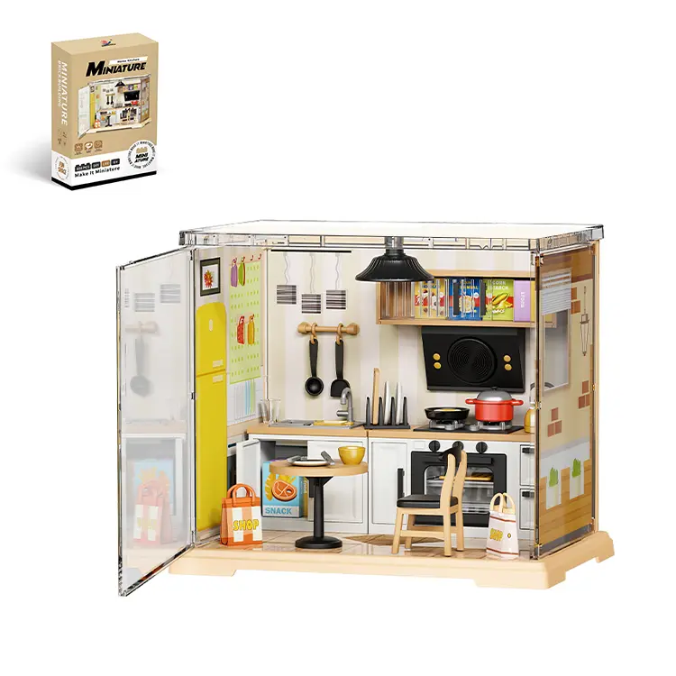 Acrylic DIY Miniature Kitchen Dollhouse Kit with LED Lights - BPA-Free Hobbies Kit Adults, 6-8 Years & 12 Months Suitable, Realistic Tiny Set with Detailed Appliances, Furniture, Battery-Requires Home Decor for Concentrating on Crafting to Unwind
