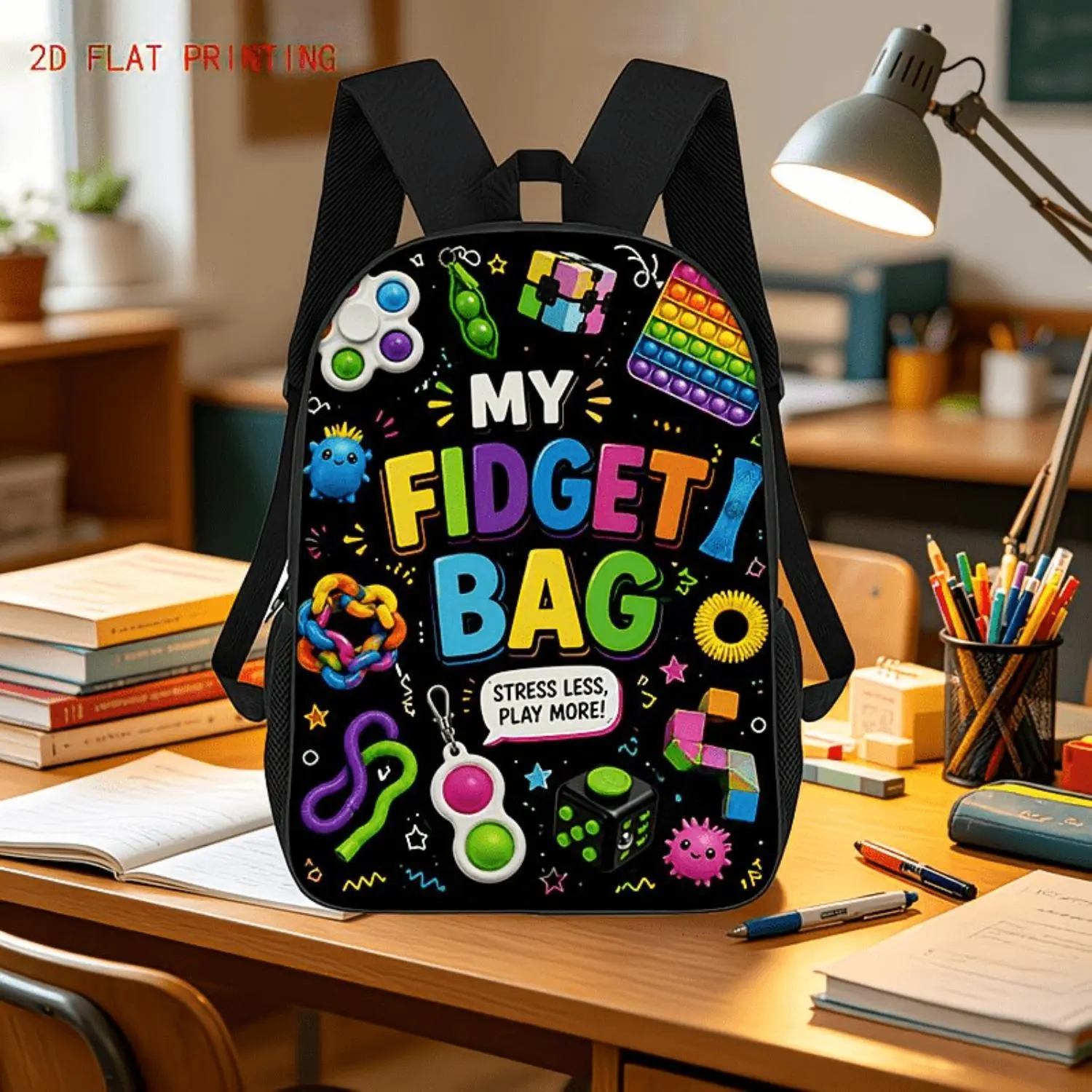 1pc 2D Flat Fidget Funhouse Large-Capacity Casual Backpack | Suitable For School, Travel, Camping, Personal Trips, Lightweight And Durable, Unisex, Modifiable shoulder straps, Zipper Closure, 17-Inch Laptop Bag