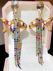 Fashionable Dripping Fish Colorful Long Fringe Rhinestone Dangle Earrings, Trendy Jewelry, Girls' Holiday Daily Wear, Casual Style, All Seasons