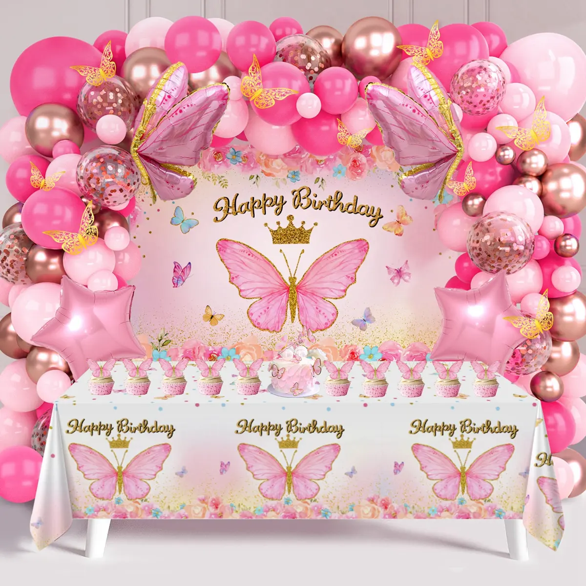 Butterfly Pink/PurpleBalloon Tablecloth Backdrop Set,94pcs Pink Butterfly Latex Balloon Girls Birthday Party Decoration,Happy Butterfly Birthday Balloon Decor